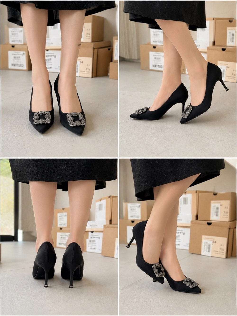 Elegant Black Satin Pointed Toe Heels with Crystal Buckle
